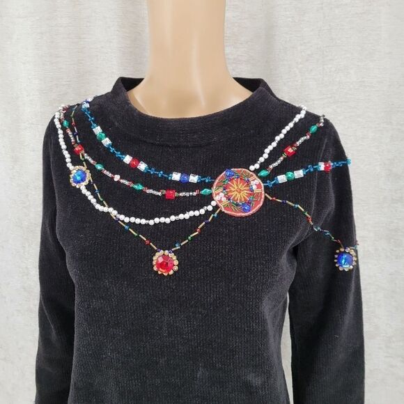 Christopher Radko Vintage Black Chenille Sweater With Beautiful Gems + Beading - Picture 2 of 10